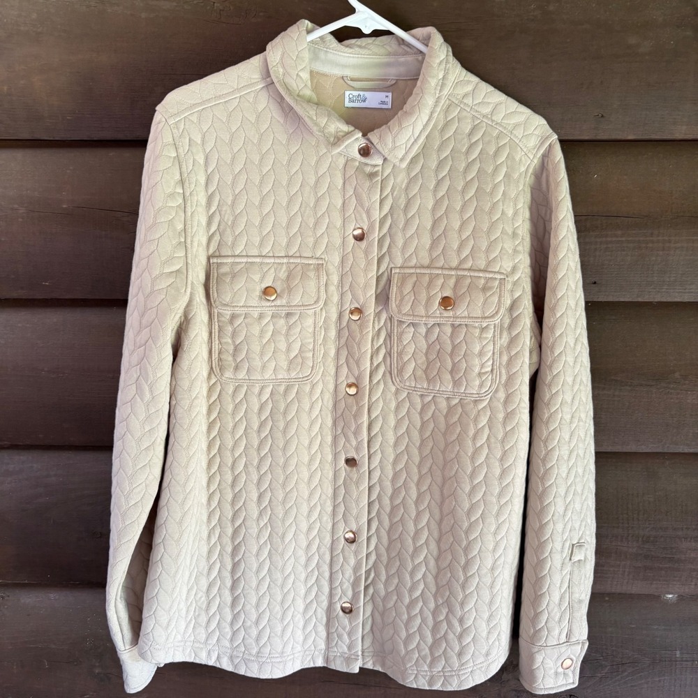 Croft & Barrow Tan Quilted Cable Knit Snap Front Shacket Jacket Medium WC5FH603R